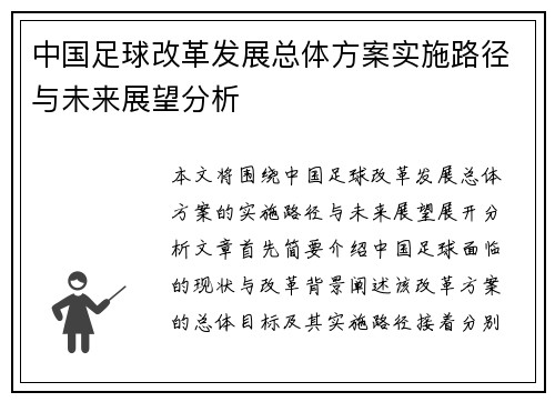 中国足球改革发展总体方案实施路径与未来展望分析