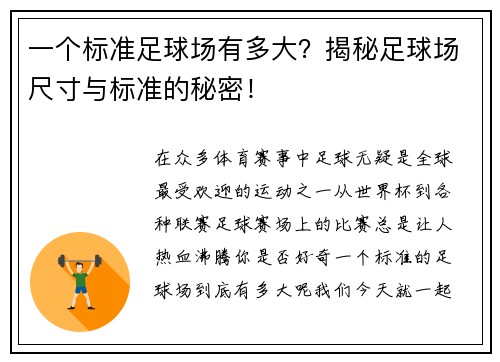 一个标准足球场有多大？揭秘足球场尺寸与标准的秘密！
