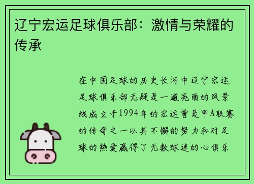 辽宁宏运足球俱乐部：激情与荣耀的传承