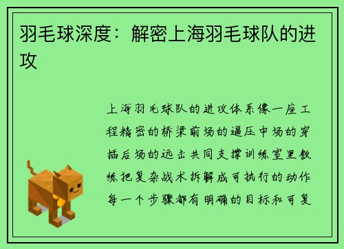 羽毛球深度：解密上海羽毛球队的进攻