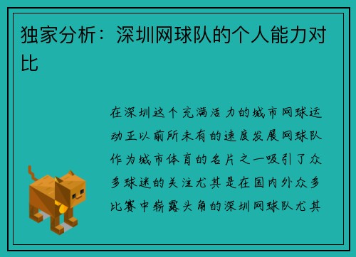 独家分析：深圳网球队的个人能力对比